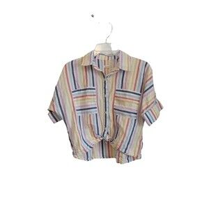 Copper Key Stripe short sleeve crop tie front button down